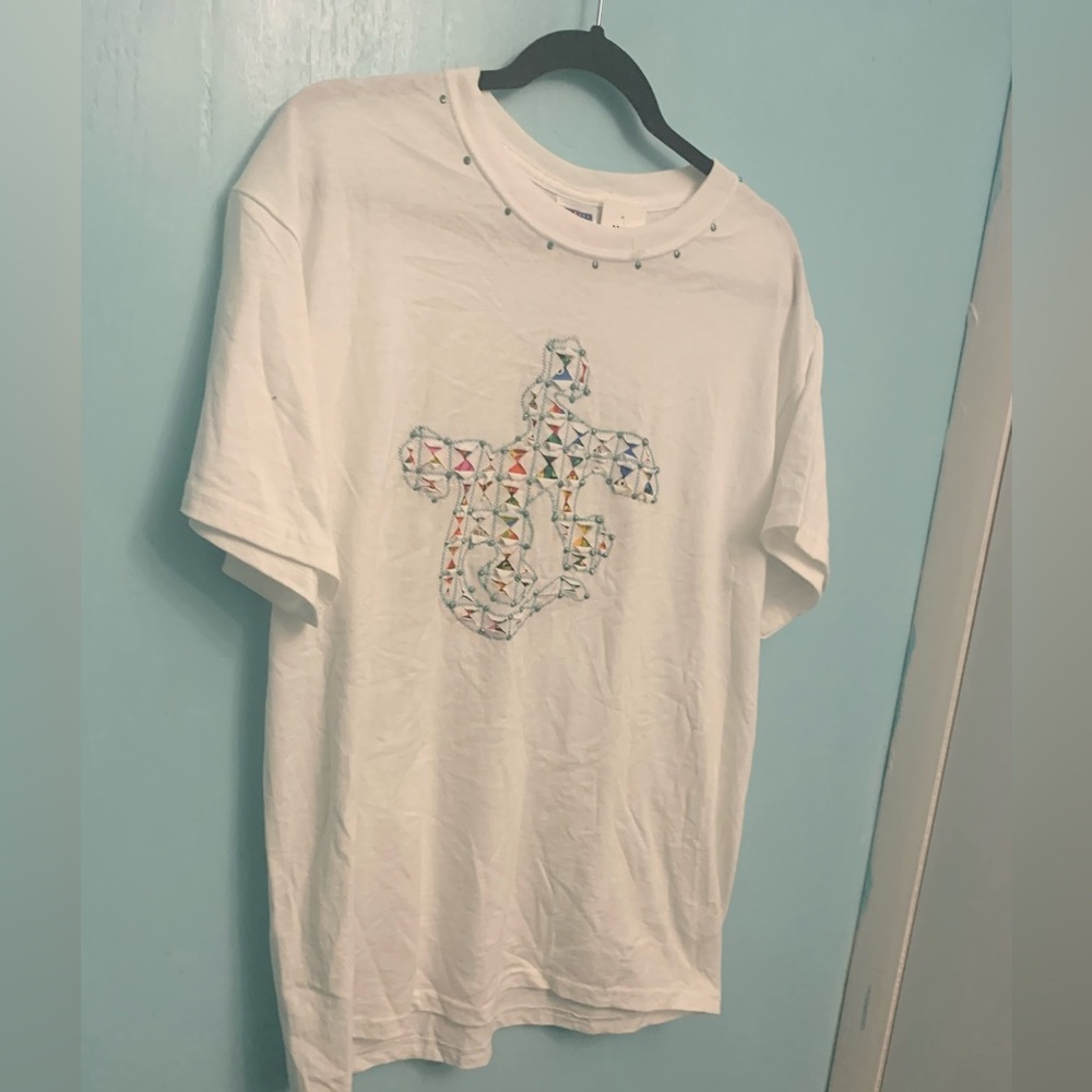Jackie's Large White With Aztec Puzzle Design Round Neck Short Sleeve T-Shirt